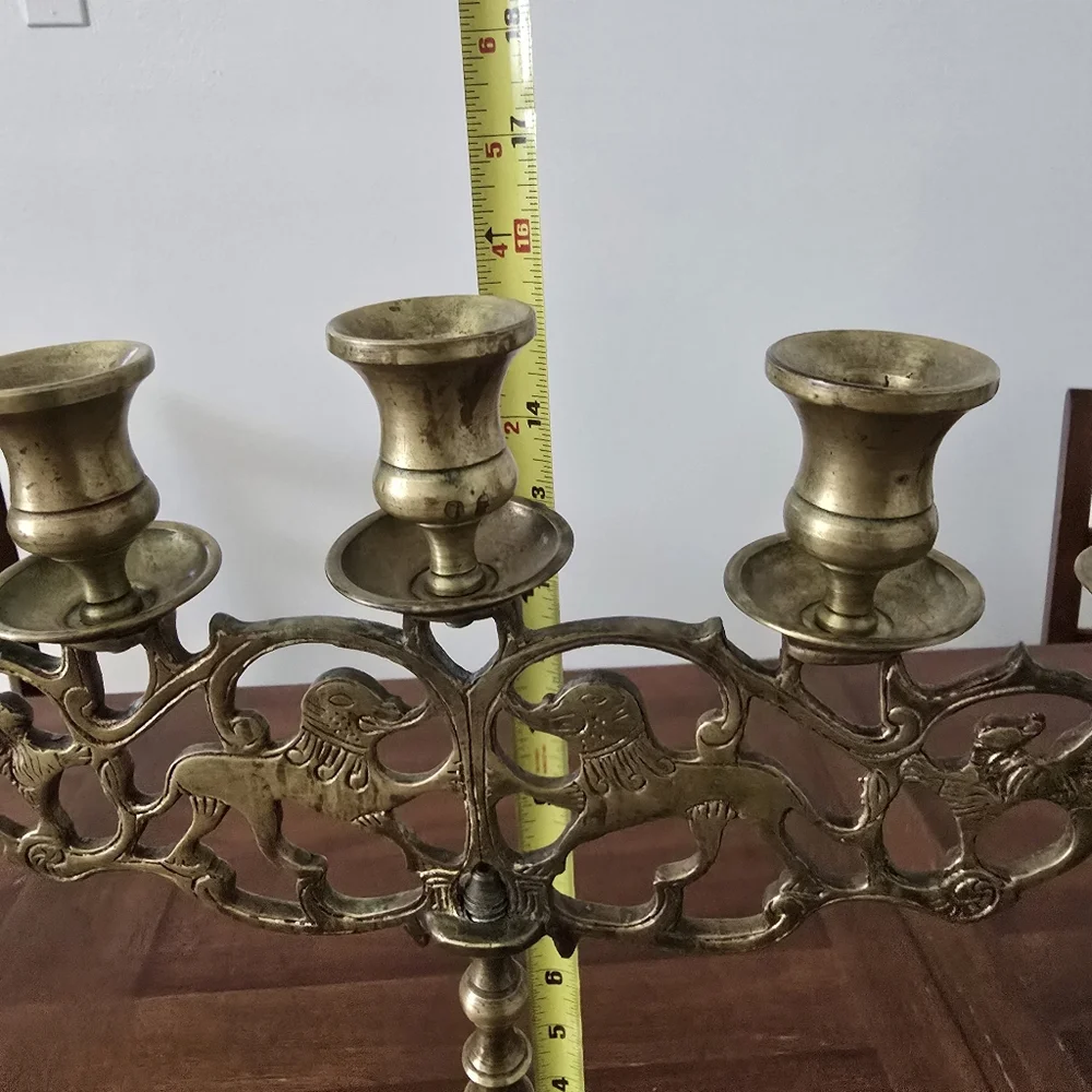 Antique Brass Five Branch Candelabra‎ ''Lions of Judah'' Judaic Candle Holder